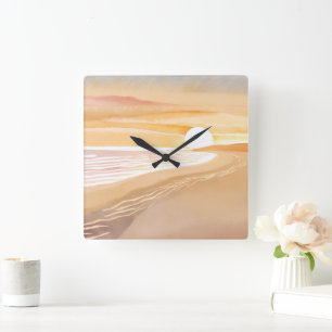Horloge Carrée Aquarelle Sunset Beach   Beau Jaune