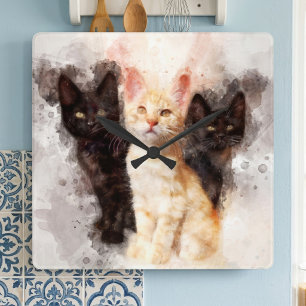 Horloge Carrée Aquarelle Trio de Mignons Chatons Noirs et Orange