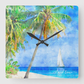 Horloge Carrée Aquarelle Tropical Island Beach Palm Tree