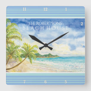 Horloge Carrée Aquarelle Tropical Paradise Beach House Palms Art