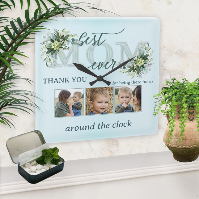 Horloge Carrée Aquarelle Turquoise Turquoise Feuilles Maman Photo (Elegant baby blue photo wall clock featuring a stylized Mom text and watercolor leaves)