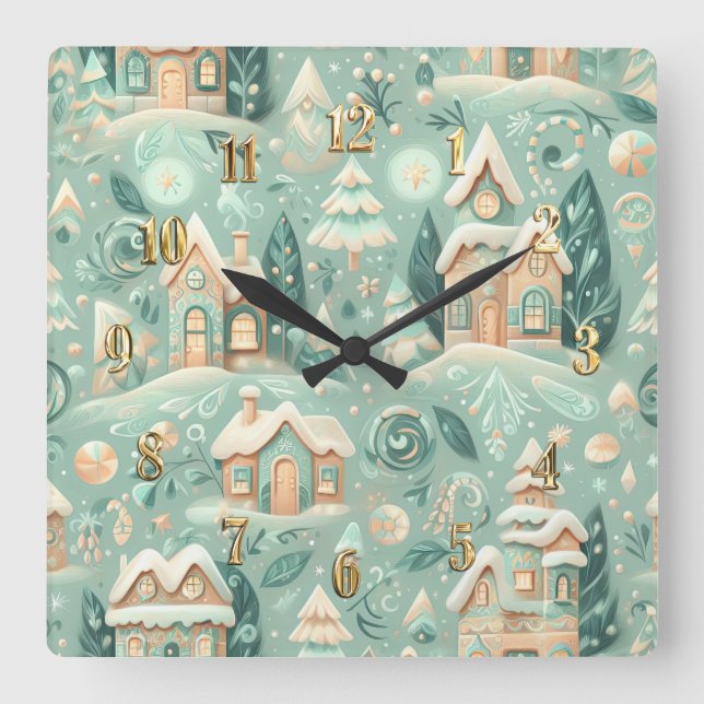 Horloge Carrée Aquarelle Vert Maisons Noël Motifs vacances (Recto)