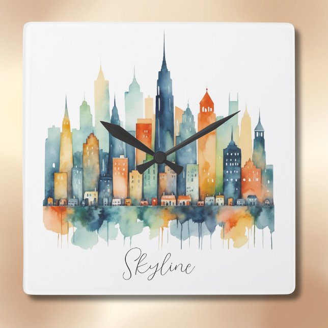 Horloge Carrée Aquarelle Ville Skyline Cool moderne Urban Graphis (A wall clock with city skyline picture in a watercolor style, with customizable script text)