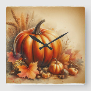 Horloge Carrée Aquarelle vintage des citrouilles et des feuilles