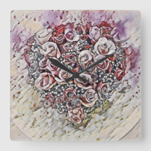 Horloge Carrée Aquarelle vintage du Coeur Rose coloré