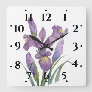 Horloge Carrée Aquarelle violet Iris Botanique Floral Art