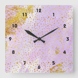 Horloge Carrée Aquarelle violet lavande et confetti de feuille d'