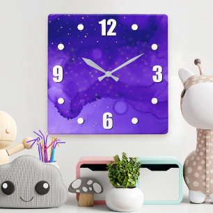 Horloge Carrée Aquarelle violette Abstraite avec étoiles Parties