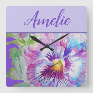 Horloge Carrée Aquarelle violette Panseuse Jolie Fleur Florale