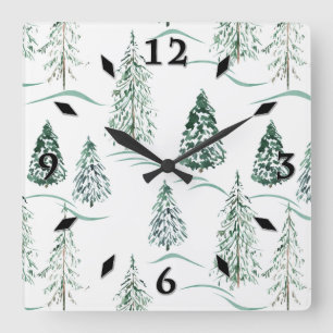 Horloge Carrée Aquarelles de Noël. Forêt d'hiver.