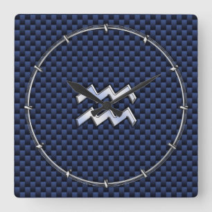 Horloge Carrée Aquarius Zodiac Sign on Royal Blue Carbon Fiber