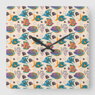 Horloge Carrée Aquatic animals pattern   ocean underwater life 5