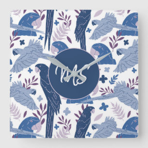Horloge Carrée Ara Parrot Blue Tropical Leave Motif Monogramme 