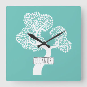 Horloge Carrée Arbre Abstrait cercle blanc et nom turquoise