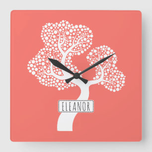 Horloge Carrée Arbre blanc Abstrait et nom corail vivant