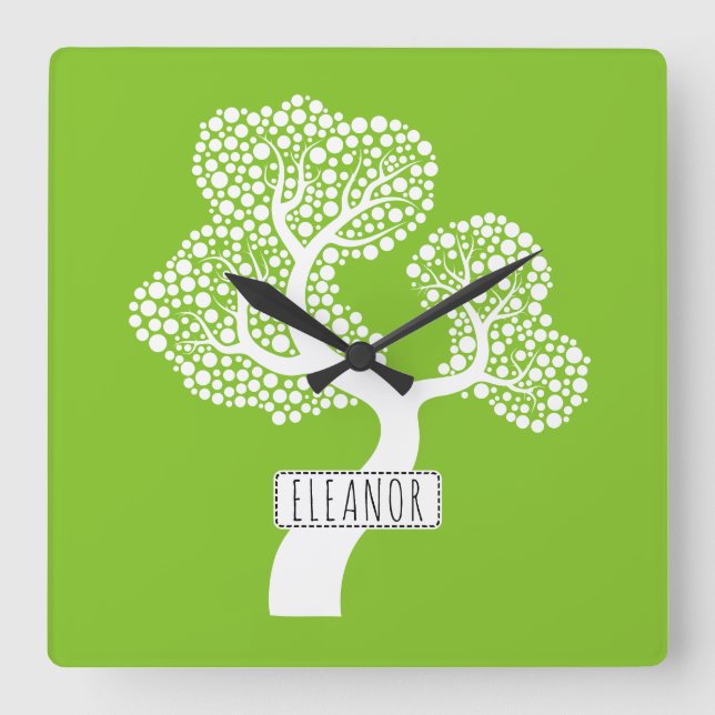 Horloge Carrée Arbre blanc Abstrait et vert citron (Recto)