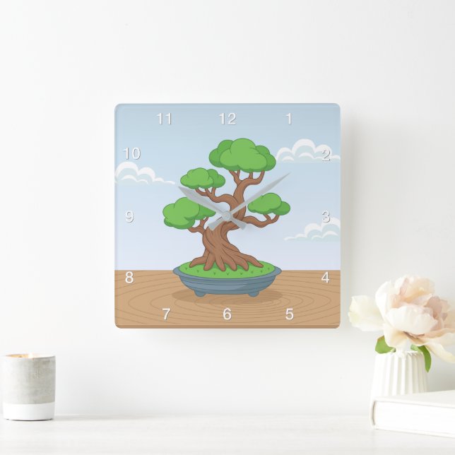 Horloge Carrée Arbre bonsaï japonais torsadé sur une table (Maison)