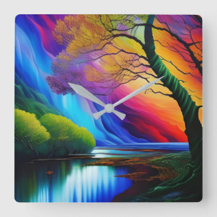 Horloge Carrée Arbre d'automne Rainbow Ridge eaux sereines