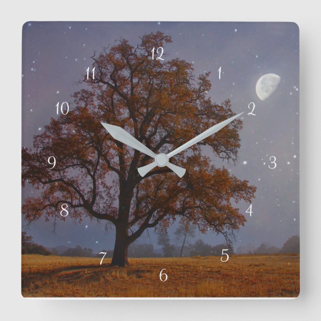 Horloge Carrée Arbre de chêne d'automne et Imaginaire de lune Sur (Recto)
