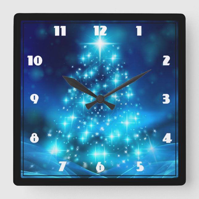 Horloge Carrée Arbre de Noël bleu électrique moderne avec lumière (Recto)