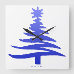 Horloge Carrée Arbre de Noël Moderne Pochoir Impression Bleue