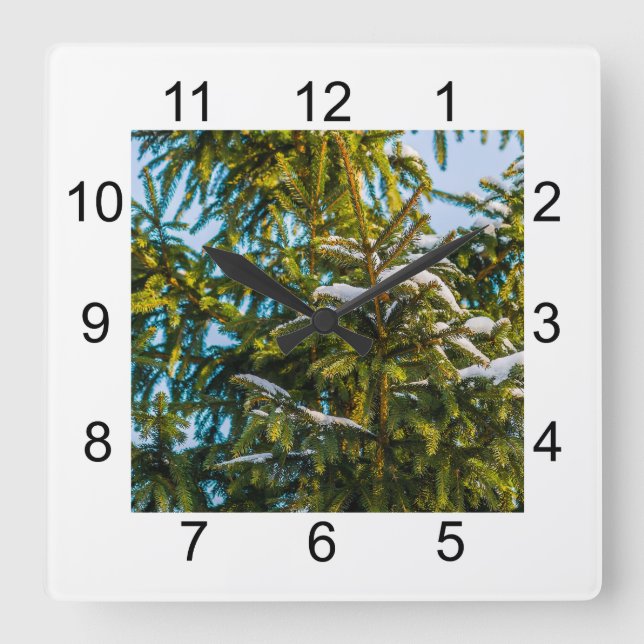 Horloge Carrée Arbre De Noël Vert En Neige (Recto)