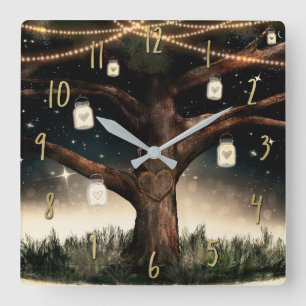 Horloge Carrée Arbre de nuit rustique avec lumières et jarres de 
