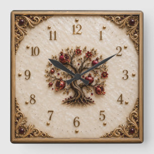 Horloge Carrée Arbre de Vie avec Grenades Art en Relief 3D