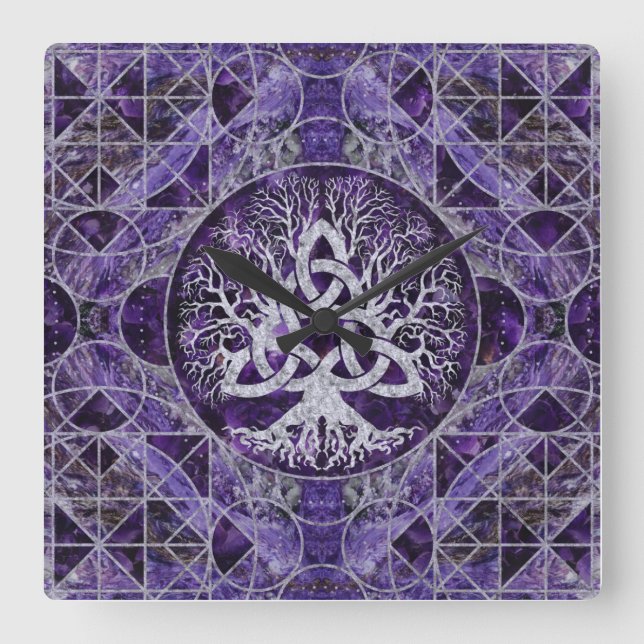 Horloge Carrée Arbre de vie avec Triquetra Amethyst et argent (Recto)