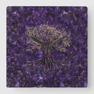 Horloge Carrée Arbre de vie - Yggdrasil Amethyst et or