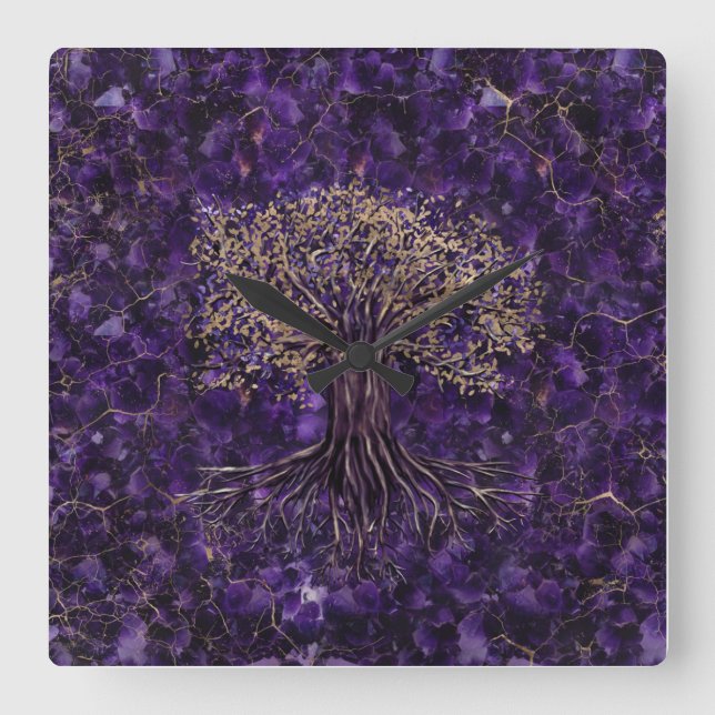 Horloge Carrée Arbre de vie - Yggdrasil Amethyst et or (Recto)