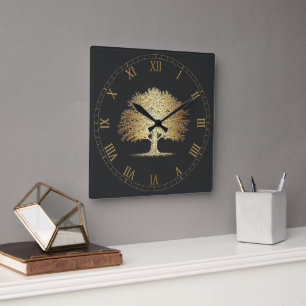 Horloge Carrée Arbre d'or de vie (Chêne)