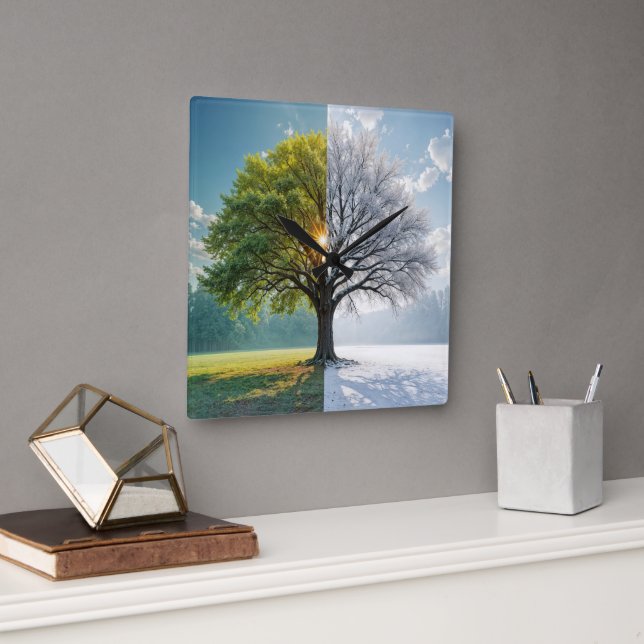 Horloge Carrée Arbre En Chêne En Double Saison (Bureau)