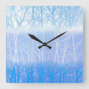 Horloge Carrée Arbres Brumeux Givrés Bleu Bébé