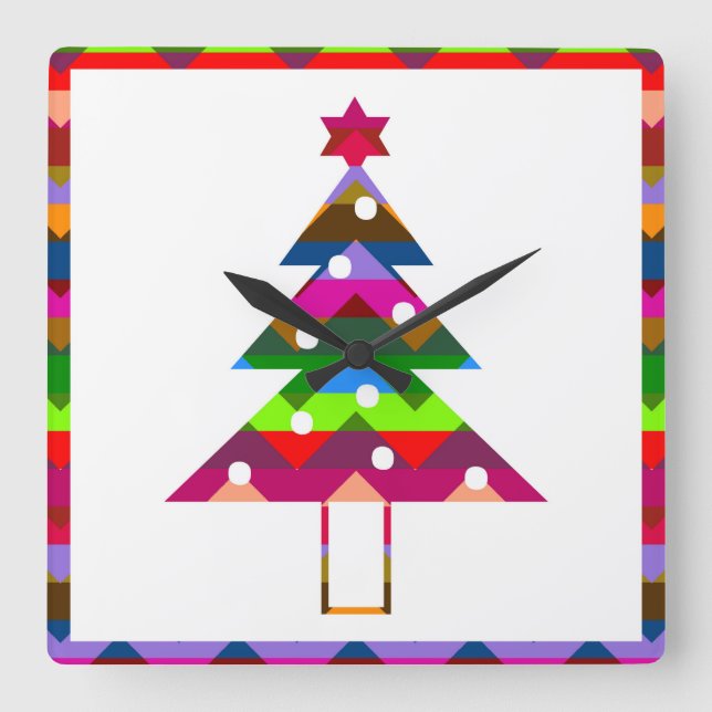 Horloge Carrée Arbres de Noël multicolores (Recto)