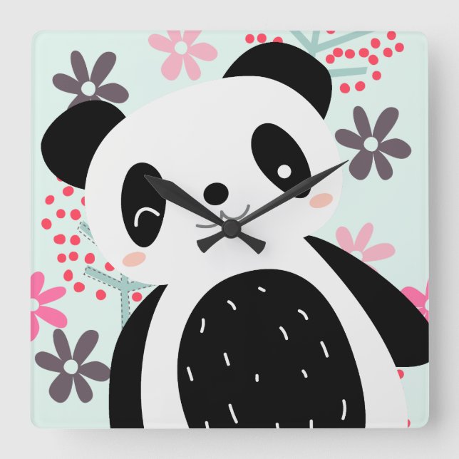 Horloge Carrée Arbres, fleurs et ours de panda (Recto)