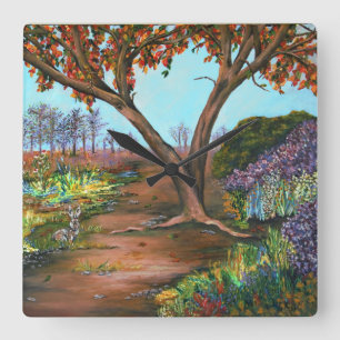 Horloge Carrée Arbres peints et fleurs Paysage Acrylique