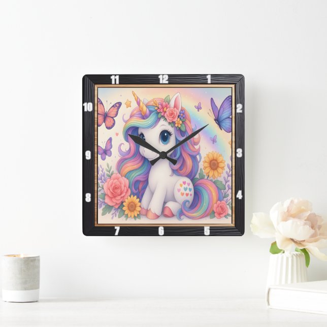 Horloge Carrée Arc-en-ciel Licorne Fleur Enfant (Maison)