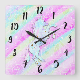 Horloge Carrée Arc-en-ciel pastel Diamants & Étoiles Licorne Magi