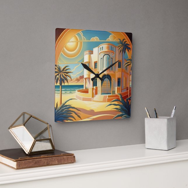 Horloge Carrée Architecture de plage tropicale Art Déco Rétro Vin (Bureau)