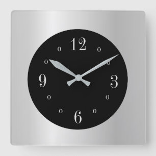 Horloge Carrée Argent brut avec cadran noir