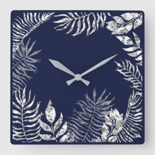 Horloge Carrée Argent gris bleu marine Palm Botanique Métal
