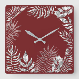 Horloge Carrée Argent Gris Bourgogne Rouge Palm Botanique Métall