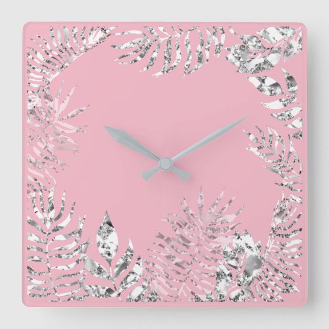 Horloge Carrée Argent gris rose pastel Palm Botanique Métallique (Recto)