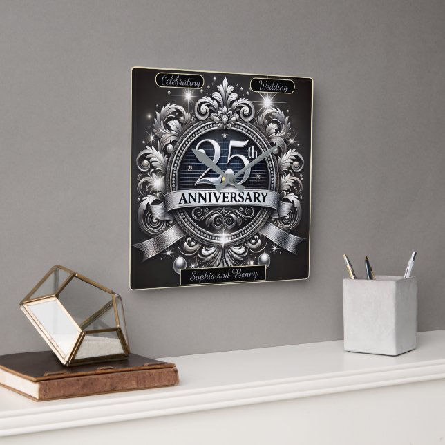 Horloge Carrée Argent Intemporel : 25e Anniversaire (Bureau)