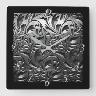 Horloge Carrée Argent métal gravé look abstrait gris acier