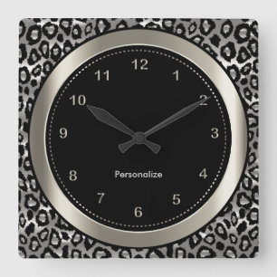 Horloge Carrée Argent métallique et empreinte de léopard noir