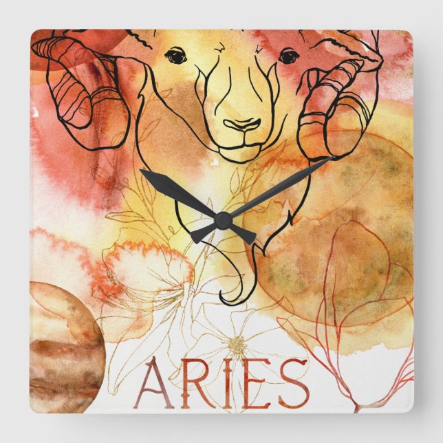 Horloge Carrée Aries ram zodiac astrology birthday gold red (Recto)