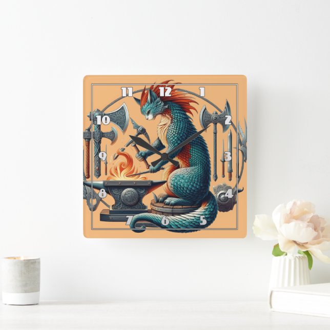 Horloge Carrée Armes de forge de chats à une enclume médiévale (Maison)