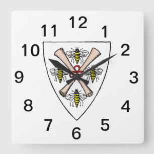 Horloge Carrée Armoiries Vintage 4 Abeilles Rouleaux sur Bouclier